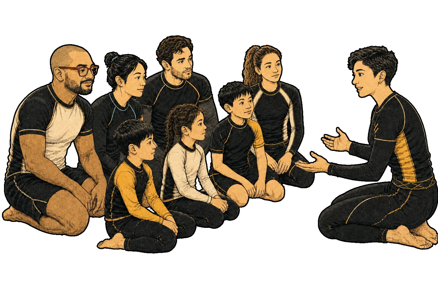 A seated circle of parents and children listening to an instructor