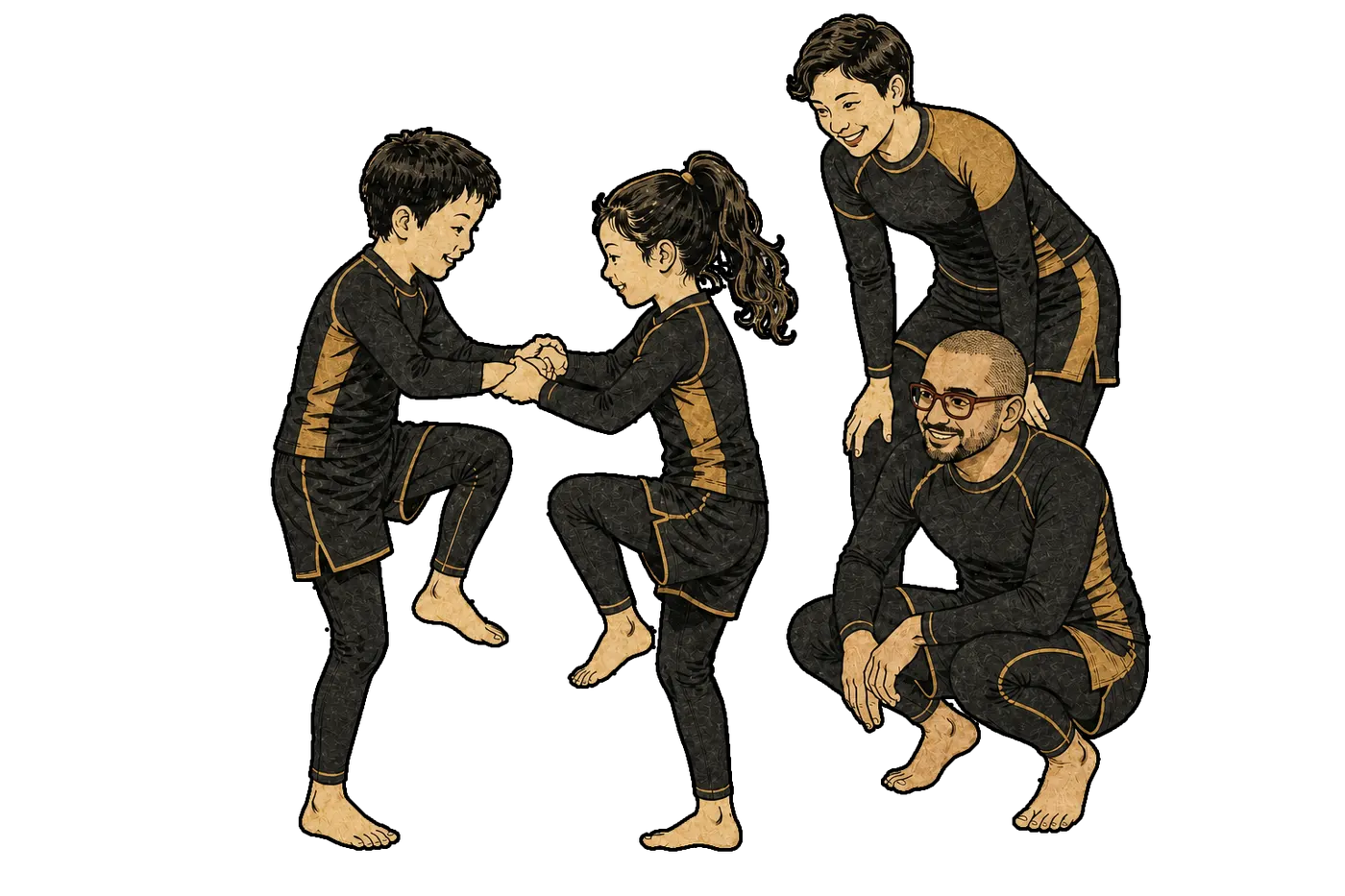 Two children practising grips while two coaches kneel and watch