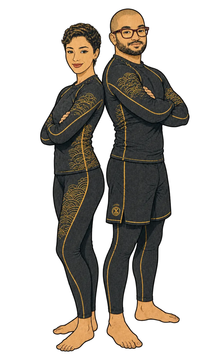 Illustration of the two head coaches standing back to back in black and gold rashguards